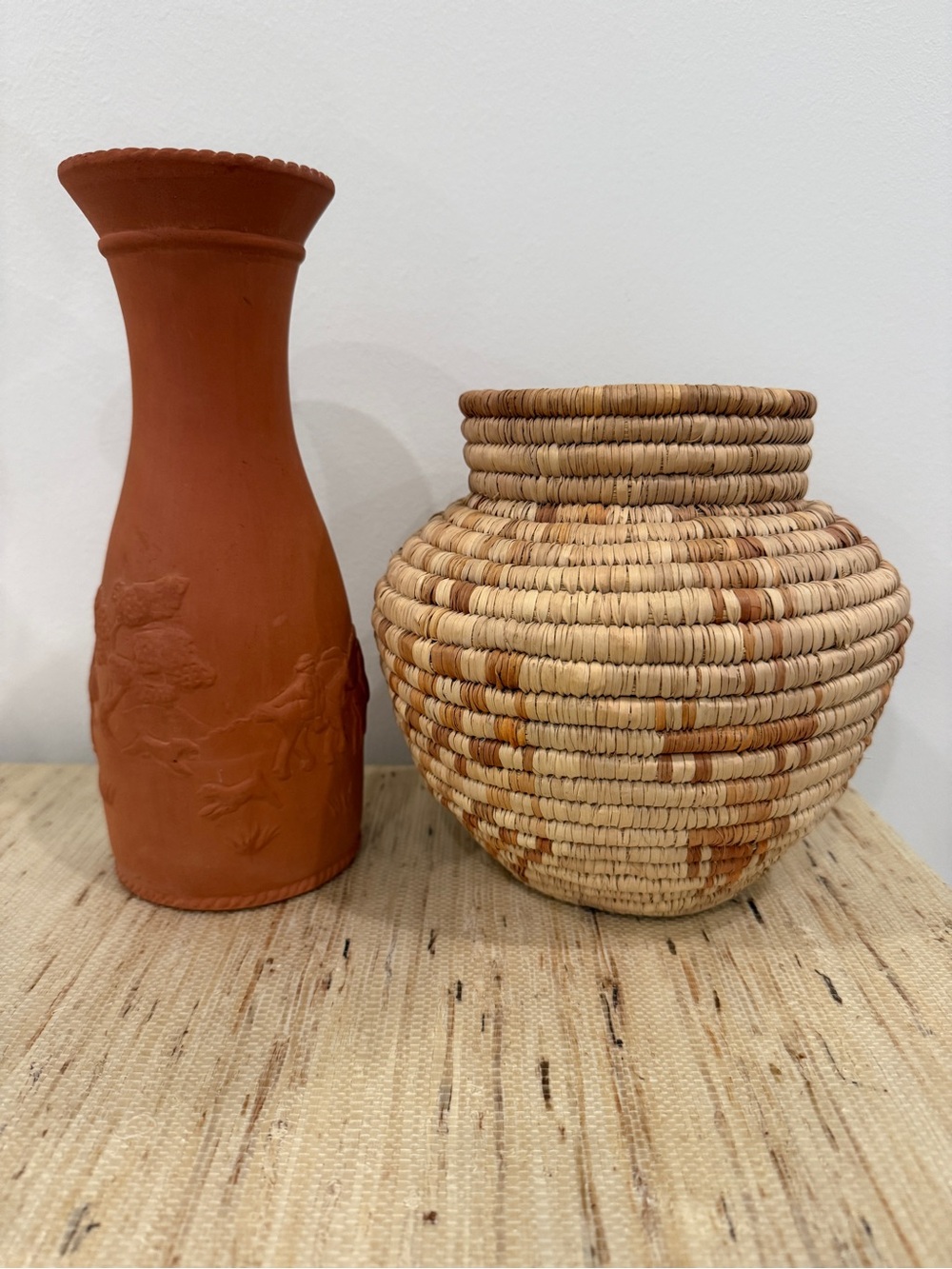 Vintage Ralph Lauren Terracotta Carafe & hand-woven coiled olla basket